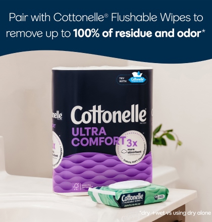 Pair of cottonelle flushable wipes and ultra comfort toilet paper